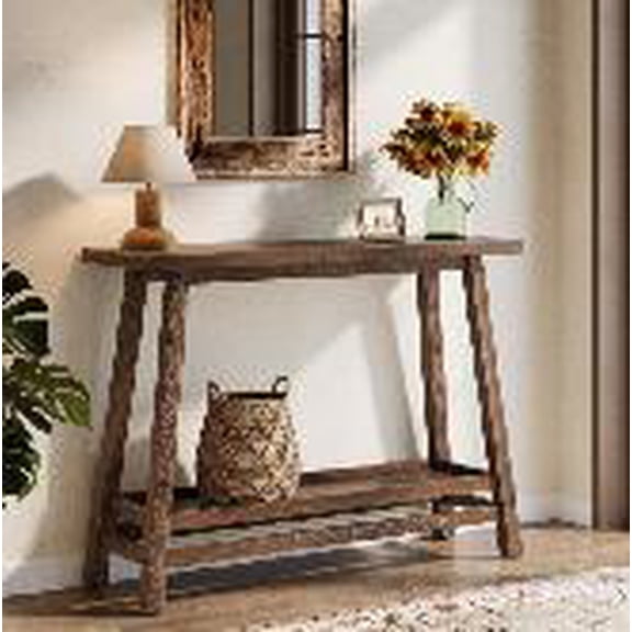 Fnova 41.3 Inch Solid Wood Console Table, 2-Tier Farmhouse Sofa Table with Storage Shelf, Narrow Behind Couch Accent Table for Living Room, Entryway, Hallway