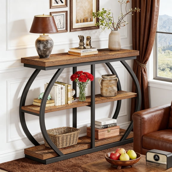 Fnova 41.3" Industrial Console Table, 3-Tier Entryway Table with Arched Metal Frame, Storage Shelves, Easy Assembly, for Living Room, Hallway