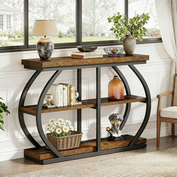 Fnova 41.3" Industrial Console Table, 3-Tier Entryway Table with Arched Metal Frame, Storage Shelves, Easy Assembly, for Living Room, Hallway