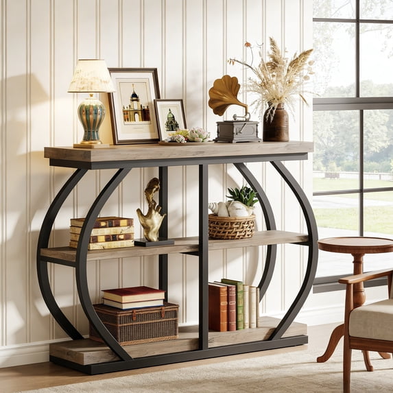 Fnova 41.3" Industrial Console Table, 3-Tier Entryway Table with Arched Metal Frame, Storage Shelves, Easy Assembly, for Living Room, Hallway