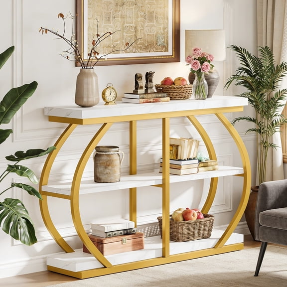 Fnova 41.3" Industrial Console Table, 3-Tier Entryway Table with Arched Metal Frame, Storage Shelves, Easy Assembly, for Living Room, Hallway