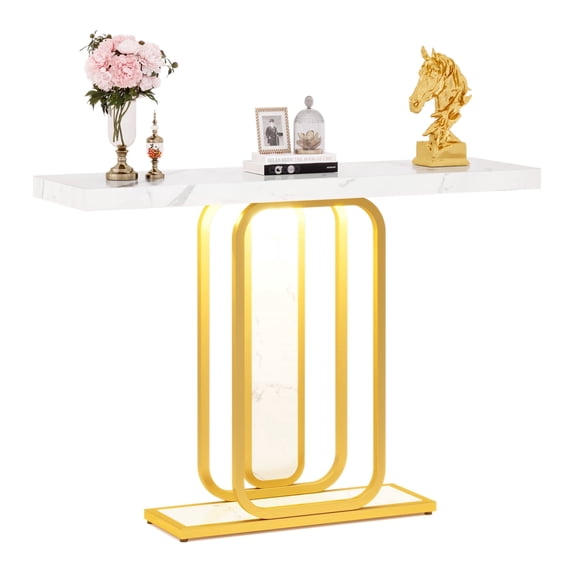 Fnova 41.3" Modern LED Console Table, Gold & White Faux Marble Entryway Table, Slim Accent Table for Living Room, Hallway, Foyer