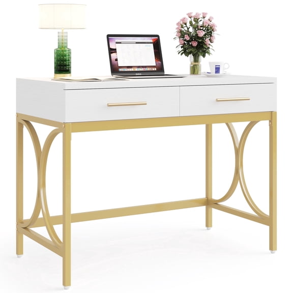 Fnova 41.33" Multi-Scenario Desk with Drawers, X-Shaped Metal Frame Writing Desk for Home Office, Bedroom Vanity Table, Study Table & Small Workspace