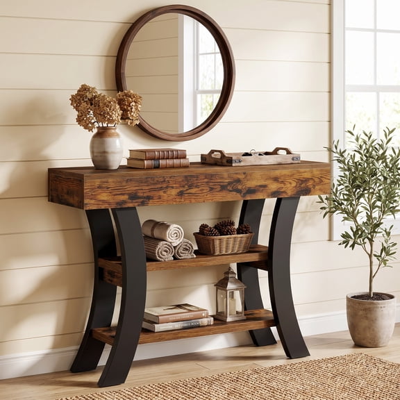 Fnova 41.34" 3-Tier Console Table, Vintage Sofa Table with Curved Metal Leg for Entryway Hallway Living Room Foyer Decor