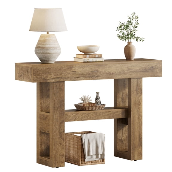 Fnova 41.34" Farmhouse Console Table, Narrow 2-Tier Wood Entryway Table with Storage Shelf, Sofa Table for Living Room, Hallway, Behind Couch, Light Brown