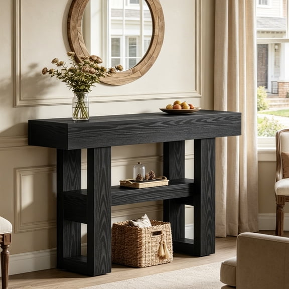 Fnova 41.34" Farmhouse Console Table, Narrow 2-Tier Wood Entryway Table with Storage Shelf, Sofa Table for Living Room, Hallway, Behind Couch, Black