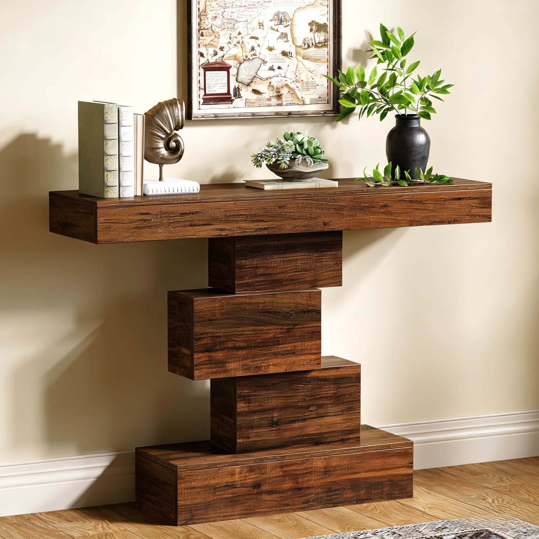 Fnova 42.5" Farmhouse Console Table, Wood Sofa Table with Geometric Storage, Narrow Accent Table for Living Room, Entryway, Hallway