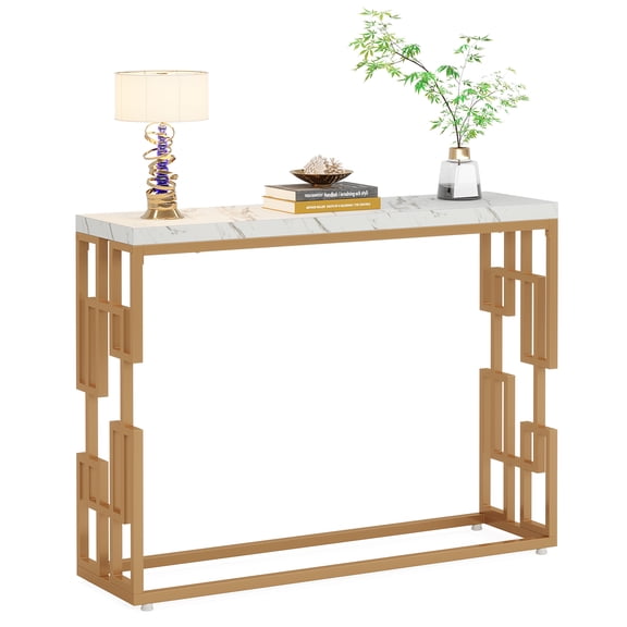 Fnova 42.51" Geometric Openwork Console Table, Spill Resistant Marble Veneer Top Metal Sofa Table for Entryway Hallway Living Room Foyer Display