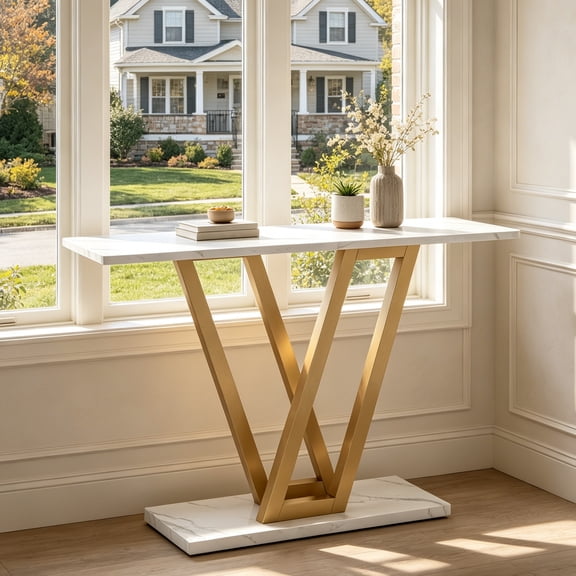 Fnova 43" Console Table, Modern Faux Marble Hallway Entryway Table, Narrow Sofa Table with V-Shaped Metal Frame for Living Room, Entryway, Hallway, Foyer