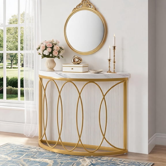 Fnova 43" Gold Console Table, Modern Faux Marble Entryway Table with Geometric Metal Frame for Living Room, Hallway, White & Gold