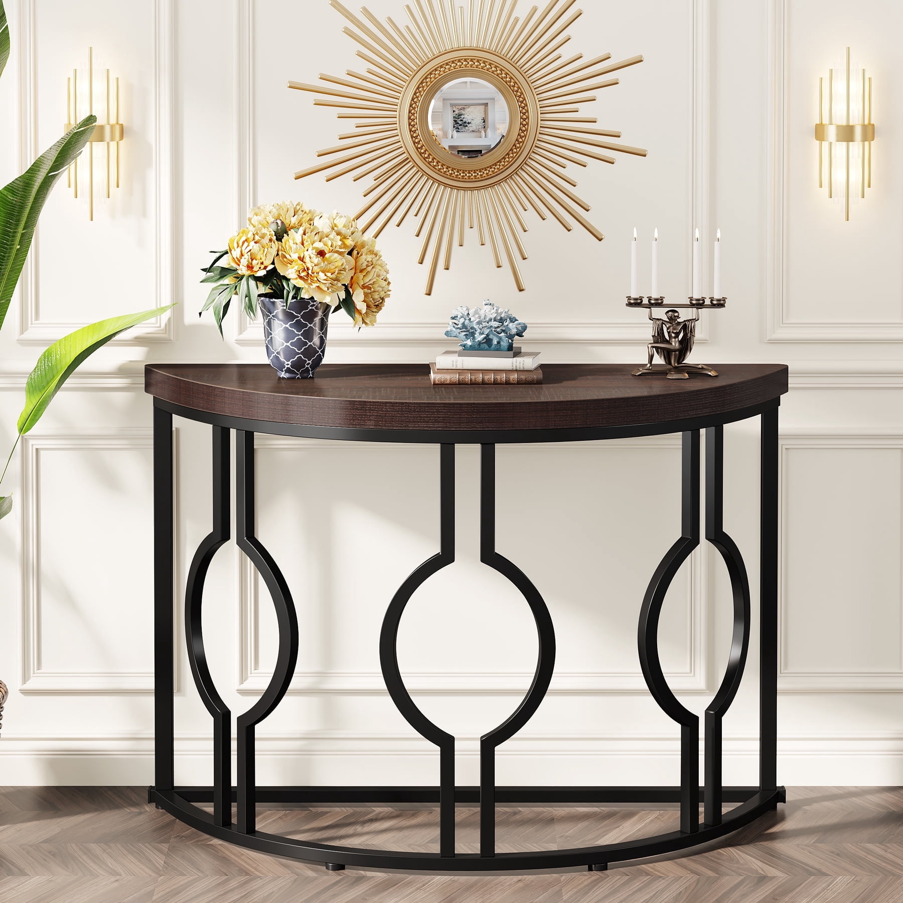 Fnova 43" Industrial Entryway Console Table, Half Moon Semi-Circle Sofa Table with Geometric Metal Base, Wood Accent Table for Living Room, Hallway, Foyer, Entrance, Easy Assembly