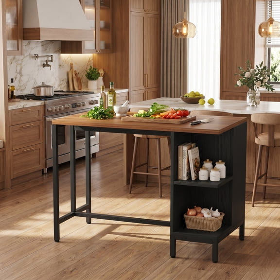 Fnova 43" Kitchen Prep Table with Storage, Butcher Block Island with Large Worktop, Bar Table for Bistro, Rustic Brown (Stools Not Included)