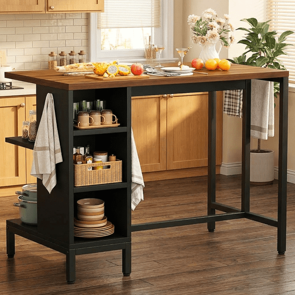 Fnova 43" Kitchen Island with Shelves, Butcher Block Island with Large Worktop, Island Table for Kitchen, Dining Room, Rustic Brown (Stools Not Included)