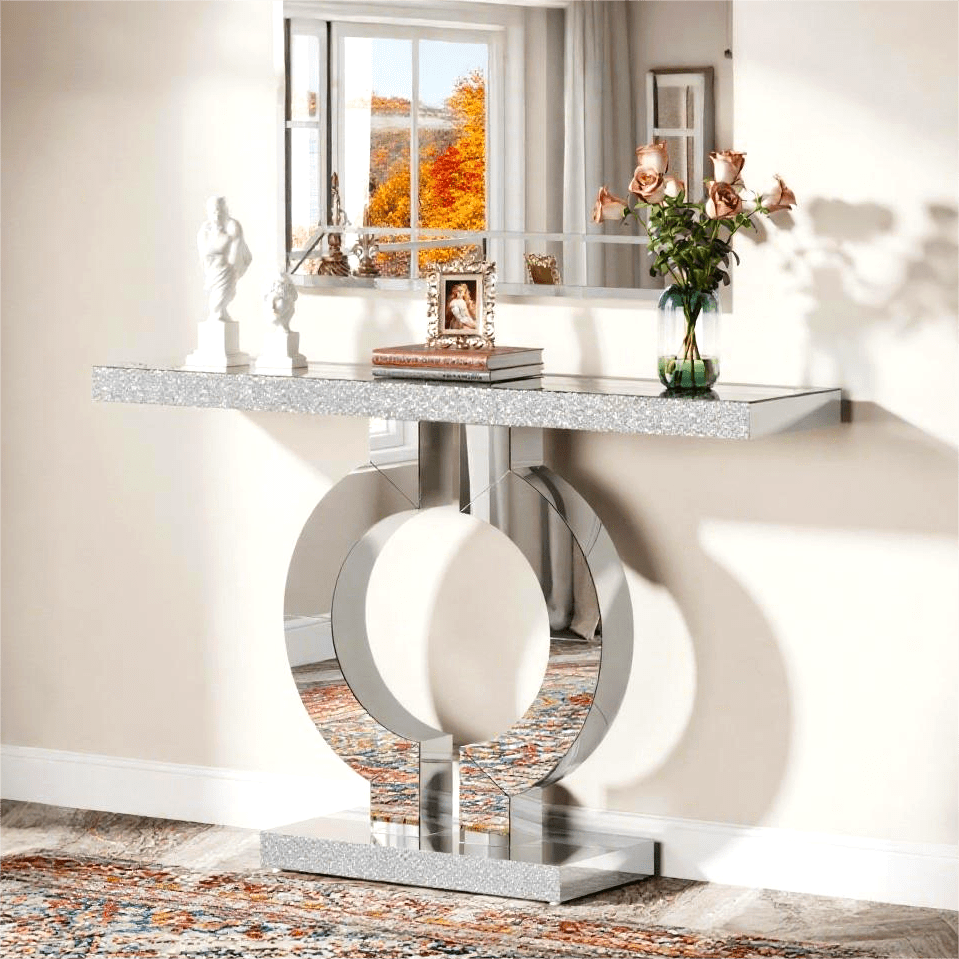 Fnova 43" Mirrored Console Table, Modern Narrow Sofa Table with O-Shaped Base, Glass Entryway Table for Living Room, Hallway Entrance
