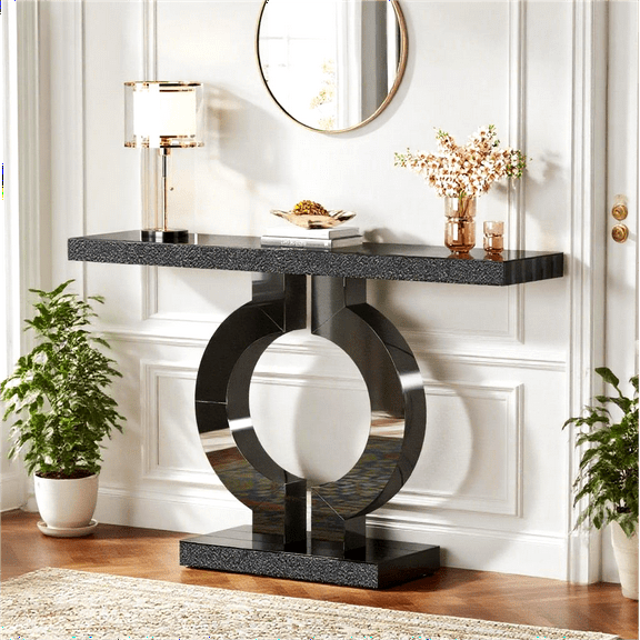 Fnova 43" Mirrored Console Table, Modern Narrow Sofa Table with O-Shaped Base, Glass Entryway Table for Living Room, Hallway Entrance