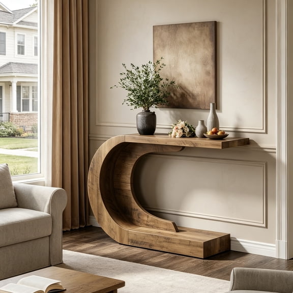 Fnova 43" Modern C-Shaped Console Table, 2-Tier Farmhouse Entryway Table with Storage, Wood Behind Couch Sofa Table for Living Room Hallway, Dark Brown