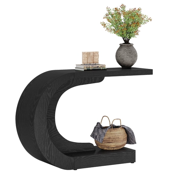 Fnova 43" Modern C-Shaped Console Table, 2-Tier Farmhouse Entryway Table with Storage, Wood Behind Couch Sofa Table for Living Room Hallway, Black