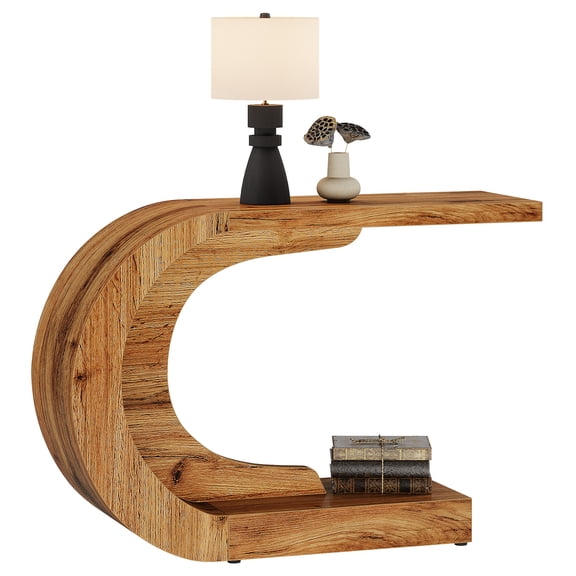 Fnova 43" Modern C-Shaped Console Table, 2-Tier Farmhouse Entryway Table with Storage, Wood Behind Couch Sofa Table for Living Room Hallway, Brown