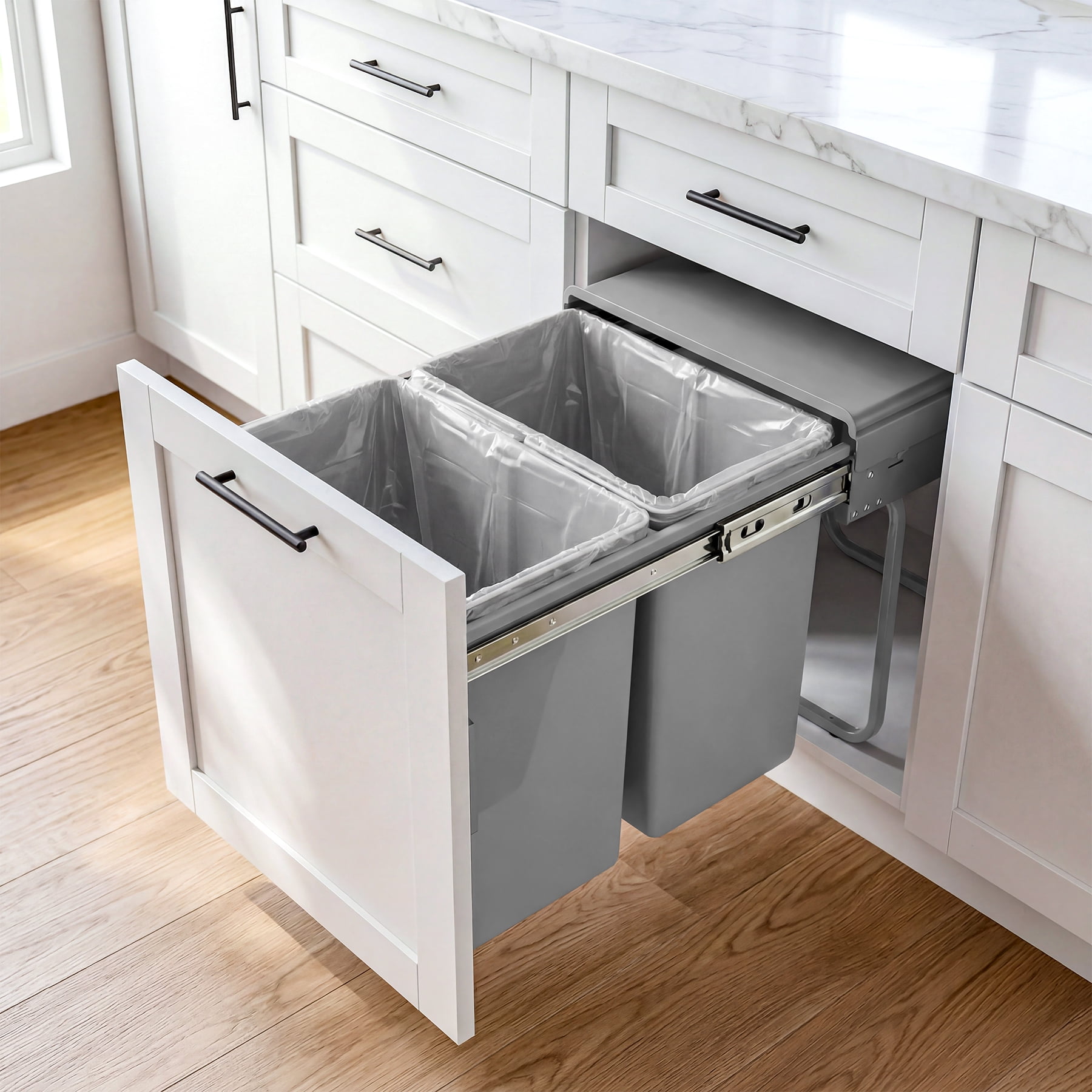 Fnova 44 Qt Double Pull Out Under Kitchen Cabinet Trash Can, Soft-Close Slides Under Sink Garbage Waste Recycling Bin, Holder Storage Drawer Waste Bin with Lid for Cabinet, Gray