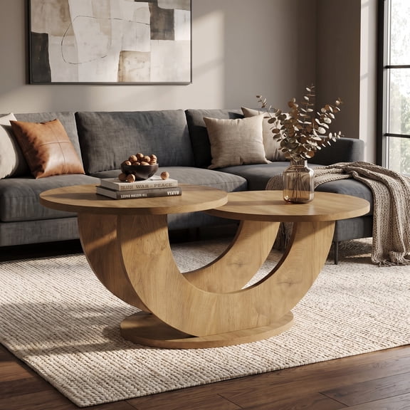 Fnova 45.28'' Unique U‑Shaped Double Round Coffee Table, Spacious 2‑Tier Open Storage, Modern Accent Table for Living Room, Apartment, Home Office