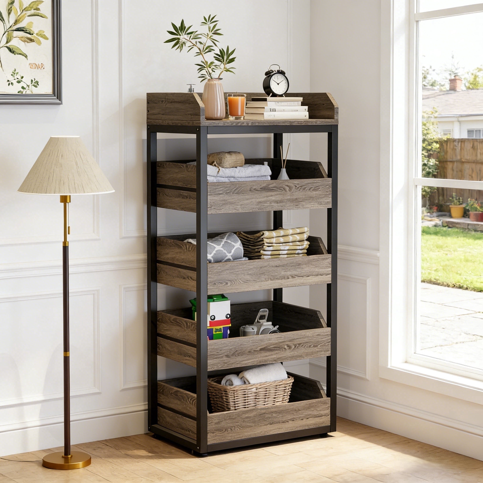 Fnova 46" 5-Tier Wood Storage Rack, Pull-Out Snack Stand Fruit Vegetable Basket Stand, Shelf Organizer with Heavy-Duty Metal Frame for Kitchen, Living Room, Bedroom