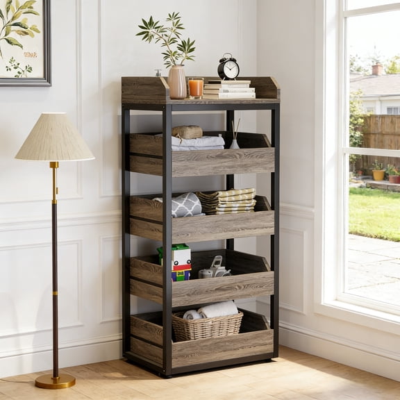 Fnova 46" 5-Tier Wood Storage Rack, Pull-Out Snack Stand Fruit Vegetable Basket Stand, Shelf Organizer with Heavy-Duty Metal Frame for Kitchen, Living Room, Bedroom