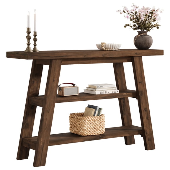 Fnova 47.24" 3-Tier Solid Wood A-Frame Console Table, Farmhouse Open Storage Sofa Table for Entryway Hallway Living Room Foyer Decor