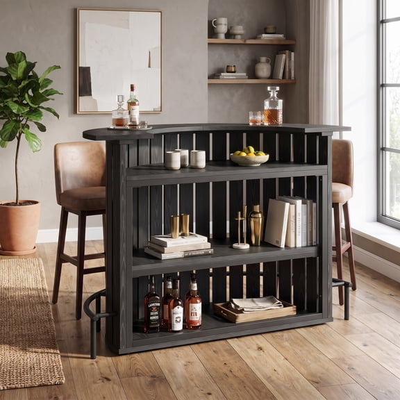 Fnova 47.24" Arc‑Shaped Home Bar Table, 3‑Tier Curved Storage Counter Table with Metal Footrest, Freestanding Liquor Bar Unit for Basement, Living Room, Pub, Entertainment Space