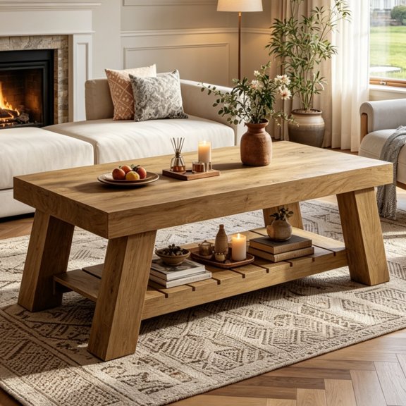 Fnova 47.24 Inch Coffee Table, Farmhouse 2-Tier Rectangle Accent Table with Storage, Rustic Wood Center Table, Tea Table for Living Room, Apartment, Office
