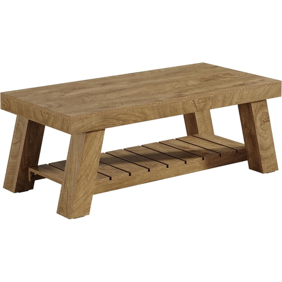 Fnova 47.24 Inch Coffee Table, Farmhouse 2-Tier Rectangle Accent Table with Storage, Rustic Wood Center Table, Tea Table for Living Room, Apartment, Office