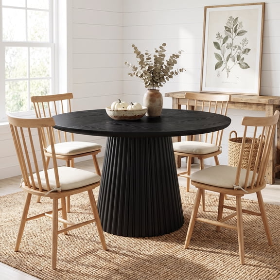 Fnova 47.24 Inch Round Dining Table, Fluted Pedestal Base, Thickened Tabletop, Rounded‑Edge Farmhouse Dinner Table for Kitchen Dining Room Living Room