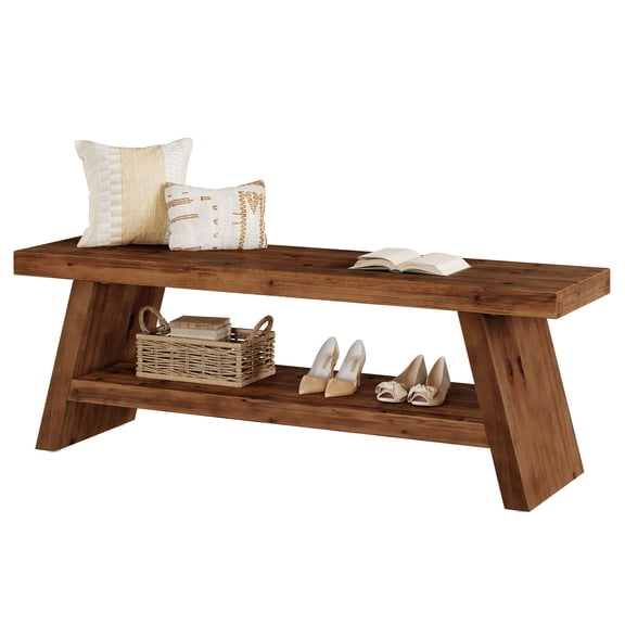 Fnova 47.24 Inch Solid Wood 2-Tier Entryway Bench with A-Frame Shoe Storage, Multi-Functional Wooden Storage Bench for Entryway, Living Room, Bedroom, Dining Room