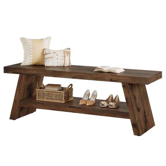 Fnova 47.24 Inch Solid Wood 2-Tier Entryway Bench with A-Frame Shoe Storage, Multi-Functional Wooden Storage Bench for Entryway, Living Room, Bedroom, Dining Room
