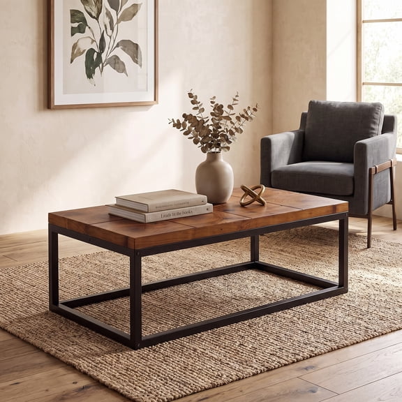 Fnova 47.24Inch SolidWood Coffee Table, Thickened TreeRing Tabletop with HeavyDuty BlackMetal Frame, Industrial Rectangular Cocktail Table for Living Room, Family Lounge, Home Den