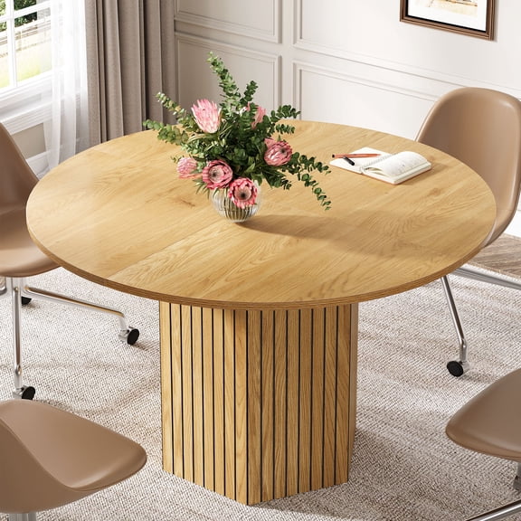 Fnova 47.25” Modern Round Dining Table, Farmhouse Wooden Kitchen Table with Hexagonal Pedestal, for Dining Room/Kitchen/Living Room, Easy Assembly