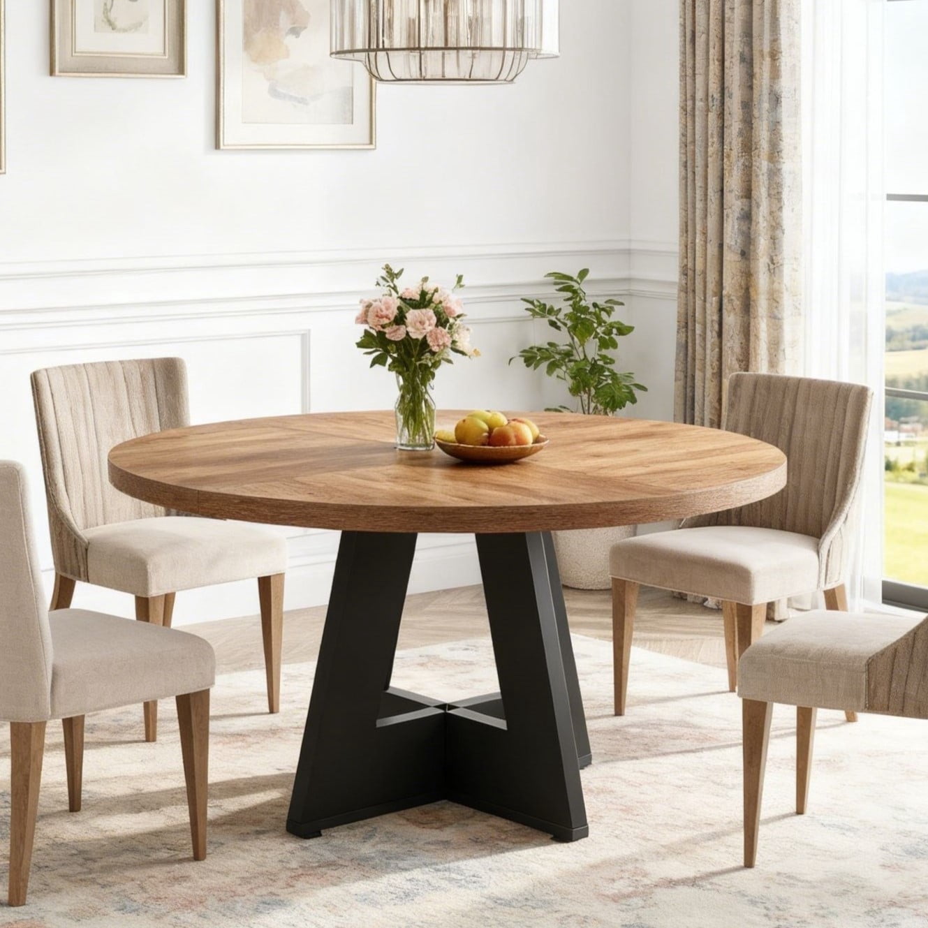 Fnova 47" Coffee Table, Round Dining Table for 4 People, Modern Farmhouse Wooden Kitchen Table, Living Room, Black Brown (Chairs Not Included)