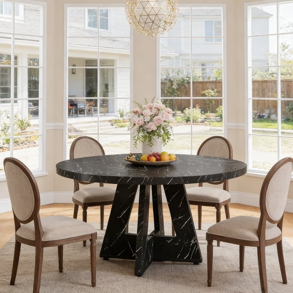 Fnova 47" Coffee Table, Round Dining Table for 4 People, Modern Farmhouse Wooden Kitchen Table, Living Room, Black (Chairs Not Included)