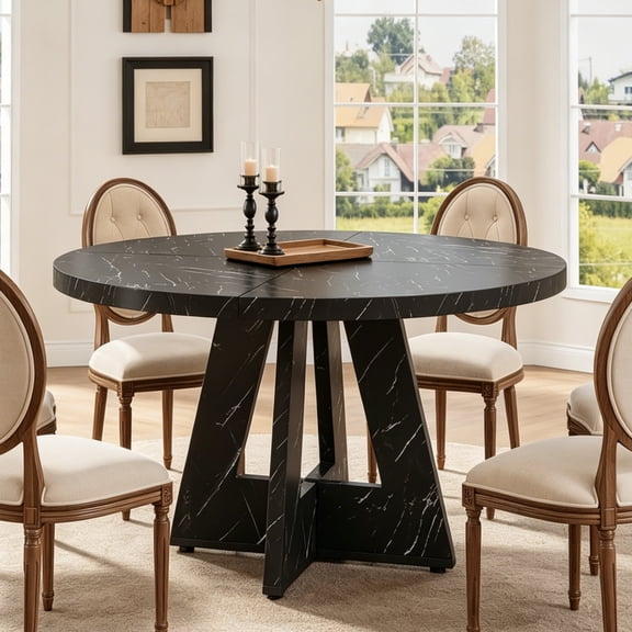 Fnova 47" Coffee Table, Round Dining Table for 4 People, Modern Farmhouse Wooden Kitchen Table, Living Room, Black (Chairs Not Included)