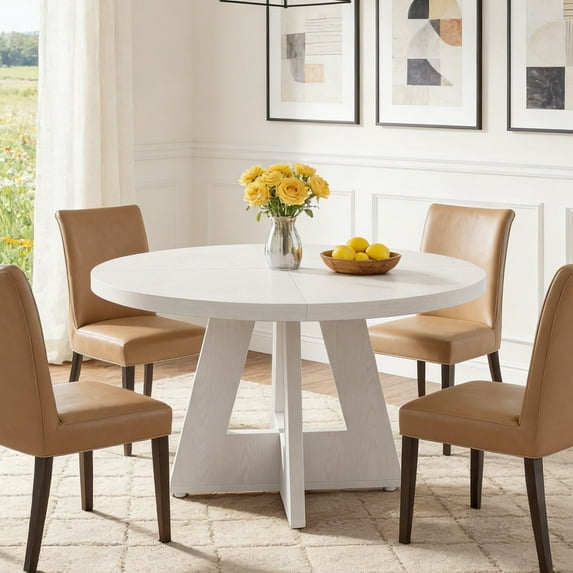 Fnova 47" Coffee Table, Round Dining Table for 4 People, Modern Farmhouse Wooden Kitchen Table, Living Room, White (Chairs Not Included)