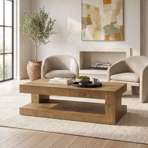 Fnova 47" Farmhouse Coffee Tabl, 2-Tier Rectangular Accent Center Tea Cocktail Table with Storage for Living Room