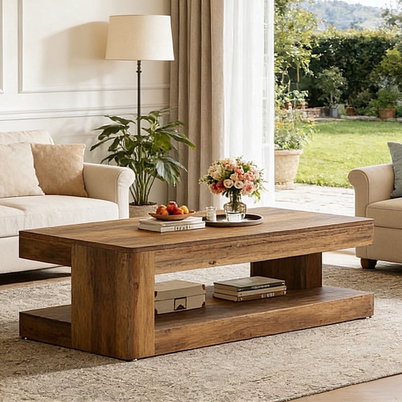 Fnova 47" Farmhouse Coffee Tabl, 2-Tier Rectangular Accent Center Tea Cocktail Table with Storage for Living Room
