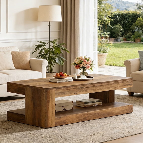 Fnova 47" Farmhouse Coffee Tabl, 2-Tier Rectangular Accent Center Tea Cocktail Table with Storage for Living Room