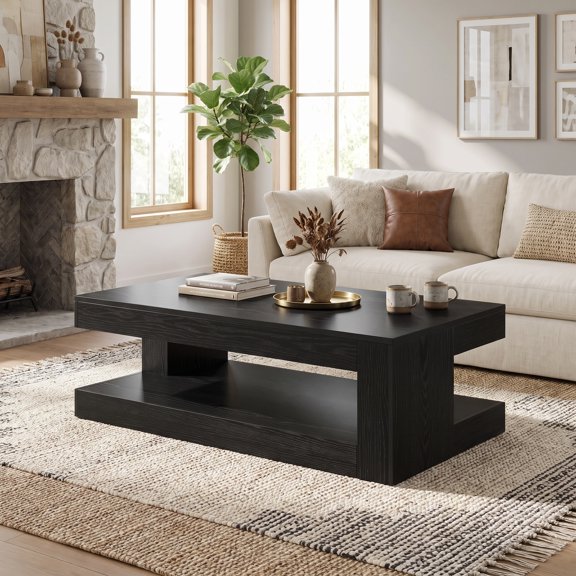 Fnova 47" Farmhouse Coffee Tabl, 2-Tier Rectangular Accent Center Tea Cocktail Table with Storage for Living Room