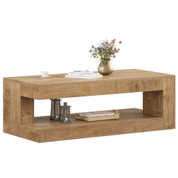 Fnova 47" Farmhouse Coffee Tabl, 2-Tier Rectangular Accent Center Tea Cocktail Table with Storage for Living Room