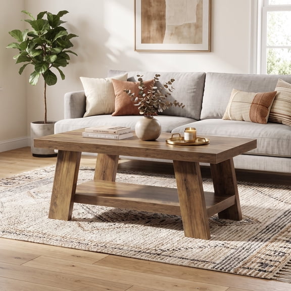 Fnova 47 Inch 2-Tier Farmhouse Coffee Table with Storage Shelf, Rectangle Center Table, Cocktail Tea Table for Living Room, Apartment, Home Office
