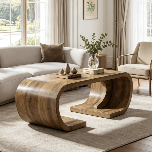 Fnova 47 Inch Farmhouse C-Shaped Coffee Table with Curved Base, Rustic Wood Living Room Center Table, Cocktail Tea Table for Home Office, Entertainment Room