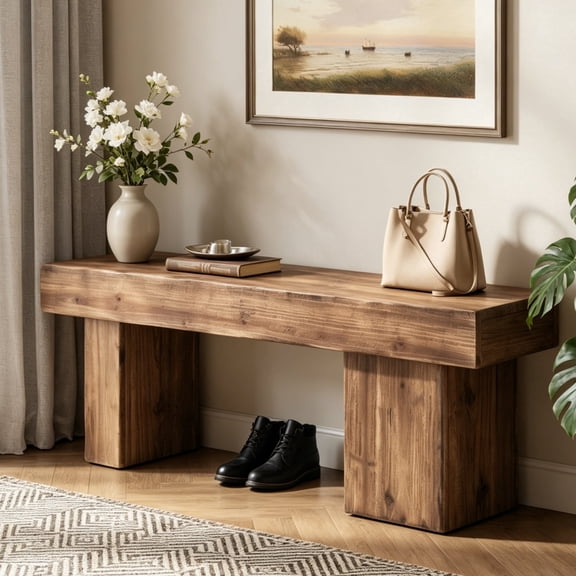 Fnova 47 Inch Solid Fir Wood Farmhouse Bench, Heavy Duty Bench with Artistic Asymmetrical Legs for Entryway Bedroom Living Room Dining Room Porch