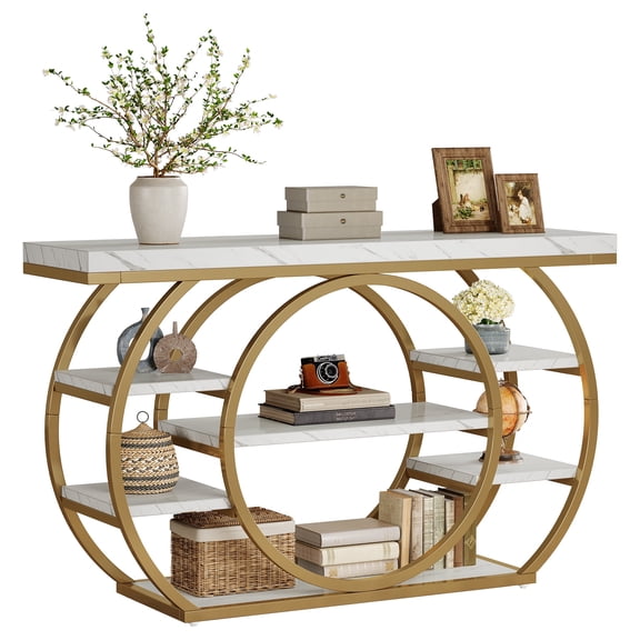Fnova 47" Industrial Console Table, 5-Tier Entryway Table with Circular Metal Frame, Narrow Sofa Table for Living Room, Hallway, Foyer