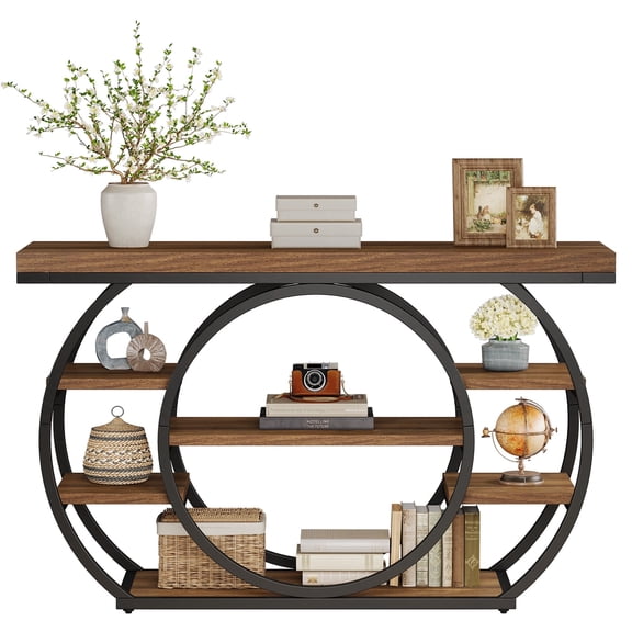 Fnova 47" Industrial Console Table, 5-Tier Entryway Table with Circular Metal Frame, Narrow Sofa Table for Living Room, Hallway, Foyer