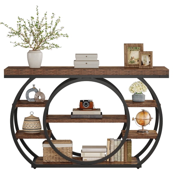 Fnova 47" Industrial Console Table, 5-Tier Entryway Table with Circular Metal Frame, Narrow Sofa Table for Living Room, Hallway, Foyer